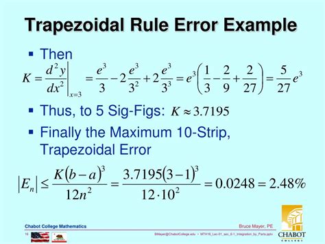 Best Answer The K in your formula is the largest possible absolute valueof the second derivative of your function. . Trapezoidal rule error estimate calculator
